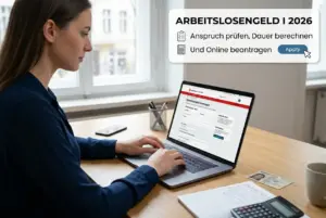 Mulher digitando sobre benefícios de desemprego 2026