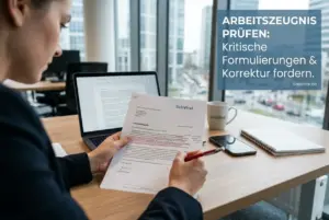 Pessoa revisando "Arbeitszeugnis" em uma mesa com vista urbana