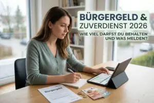 Mulher analisando documentos financeiros com tablet e cédulas de Euro