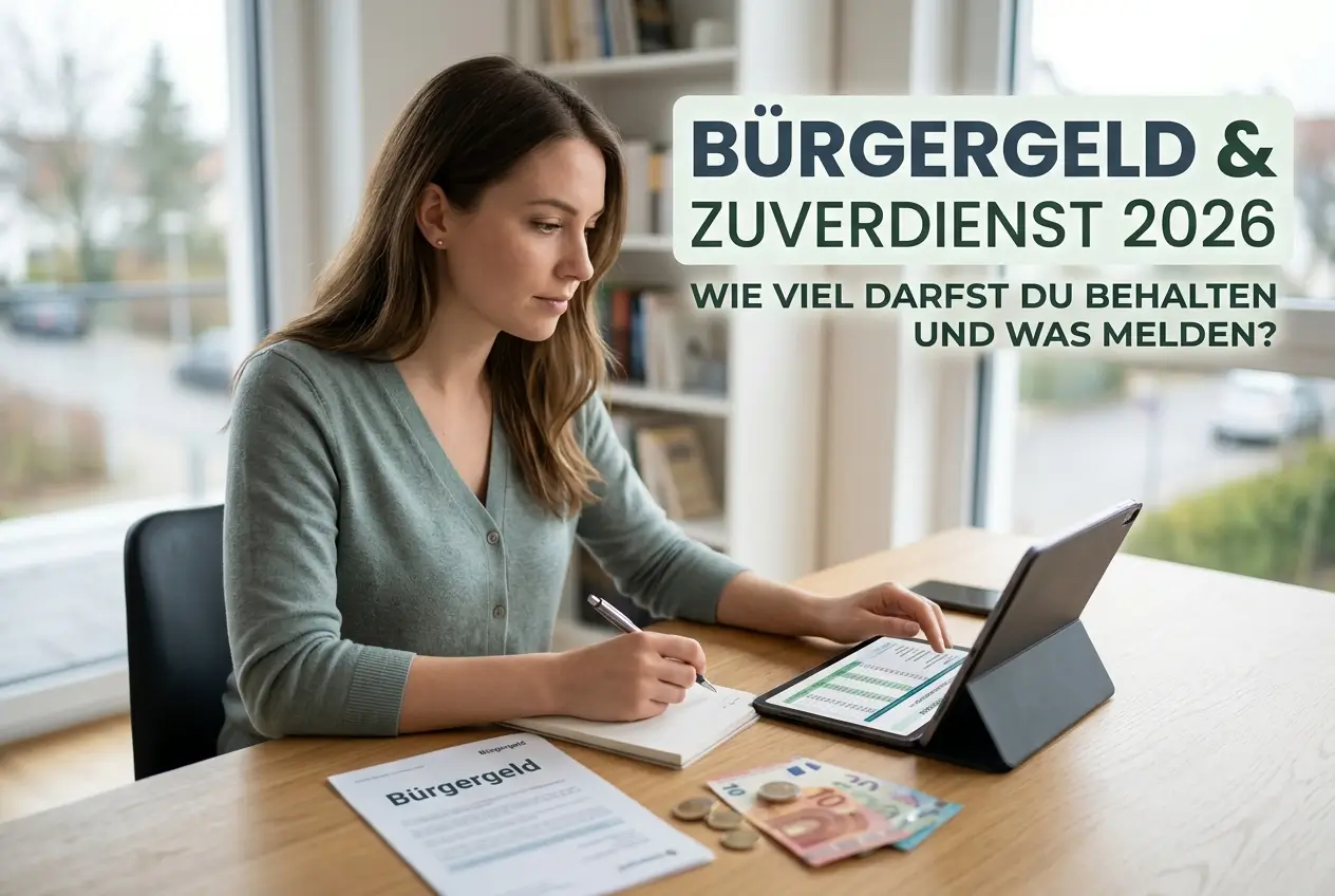 Mulher analisando documentos financeiros com tablet e cédulas de Euro