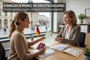 Mulher recebe documento 'Einbürgerung in Deutschland' em escritório