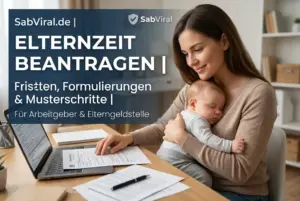 Mãe sorrindo com bebê dormindo e laptop sobre educação financeira