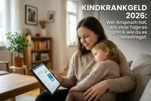 Mulher com tablet sobre Kindkrankgeld 2026 com criança ao colo