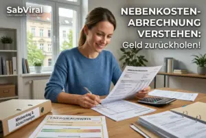 Mulher revisando Nebenkostenabrechnung na mesa com documentos