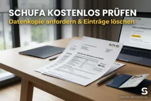 Mesa com documentos Schufa, laptop e janela com vista urbana