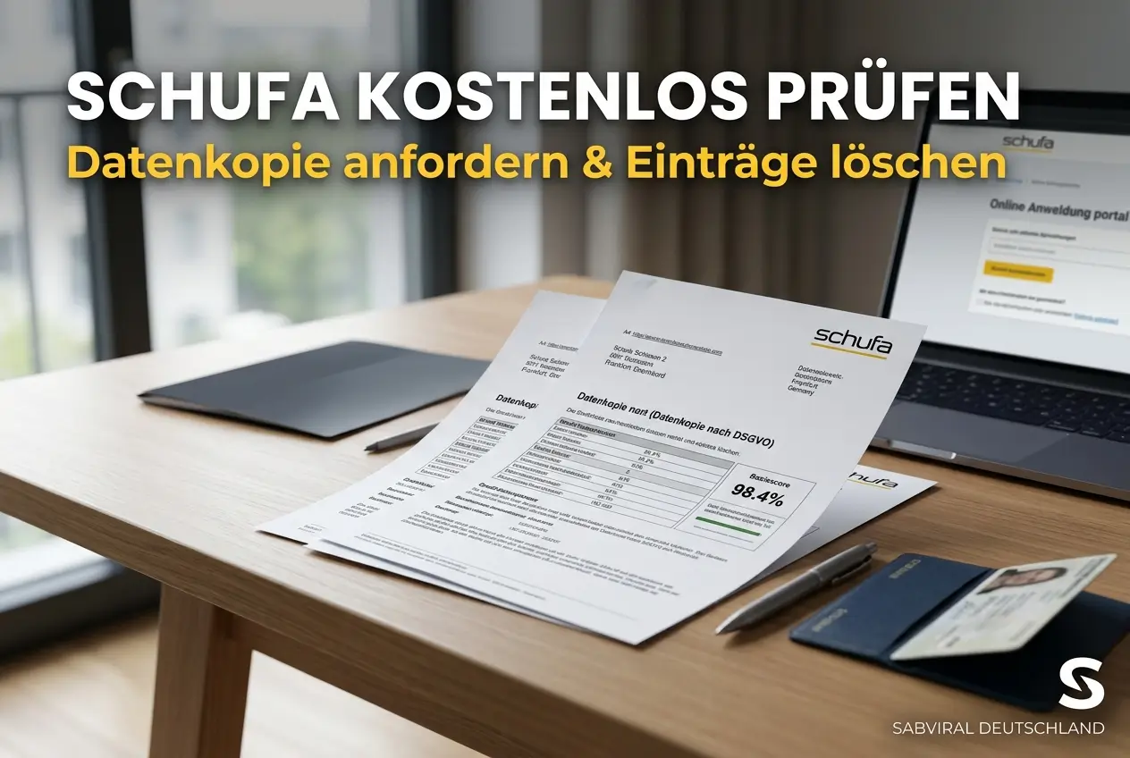 Mesa com documentos Schufa, laptop e janela com vista urbana