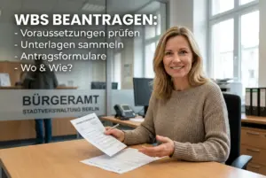 Mulher no escritório municipal de Berlim solicitando WBS